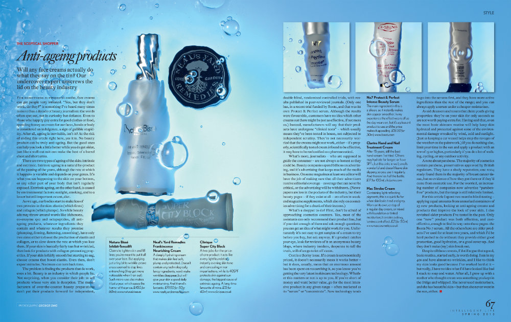 Cosmetic products in water on editorial spread – Photograph by George Ong