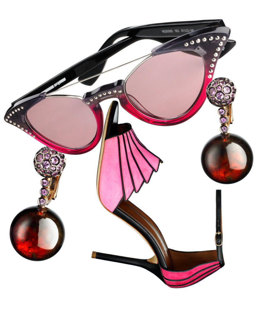 Face made from Diamond sunglasses, earrings and ladies shoe – Photograph by George Ong