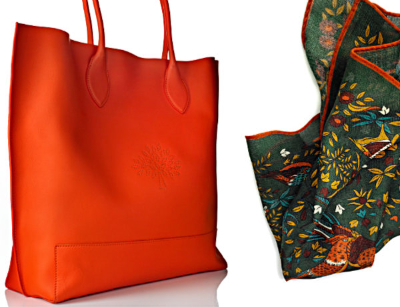 Bright red orange handbag with patterned green scarf – Photograph by George Ong