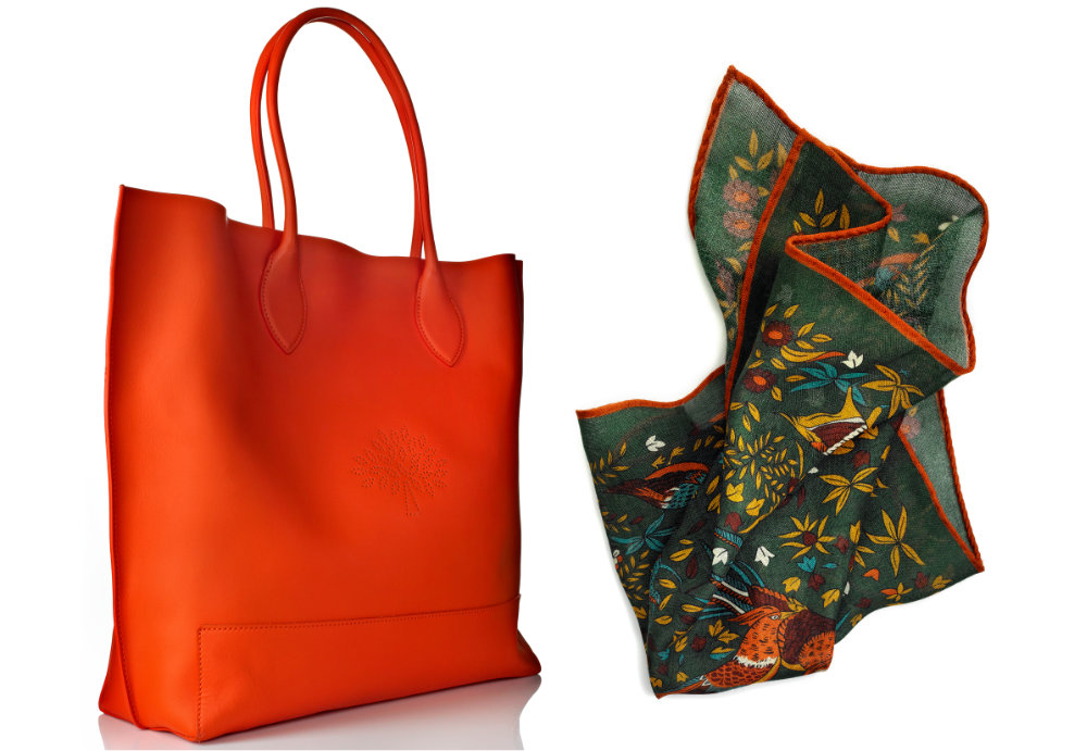 Bright red orange handbag with patterned green scarf – Photograph by George Ong
